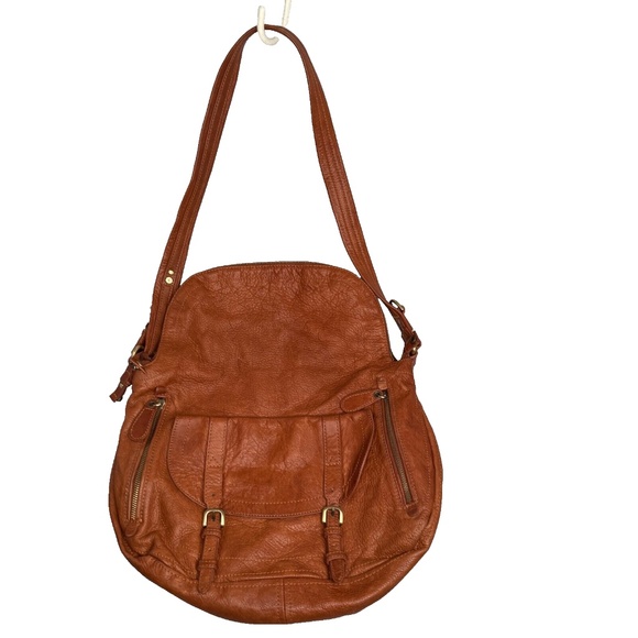 Vintage SABINA NEW YORK Tan Brown Leather Crossbody Bag Foldover Zip Top EUC - Picture 2 of 15